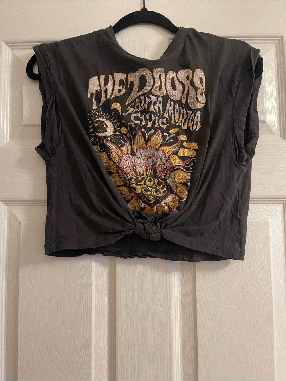 The Doors Graphic Crop Top Size L Charcoal Gray Knotted Band Tee